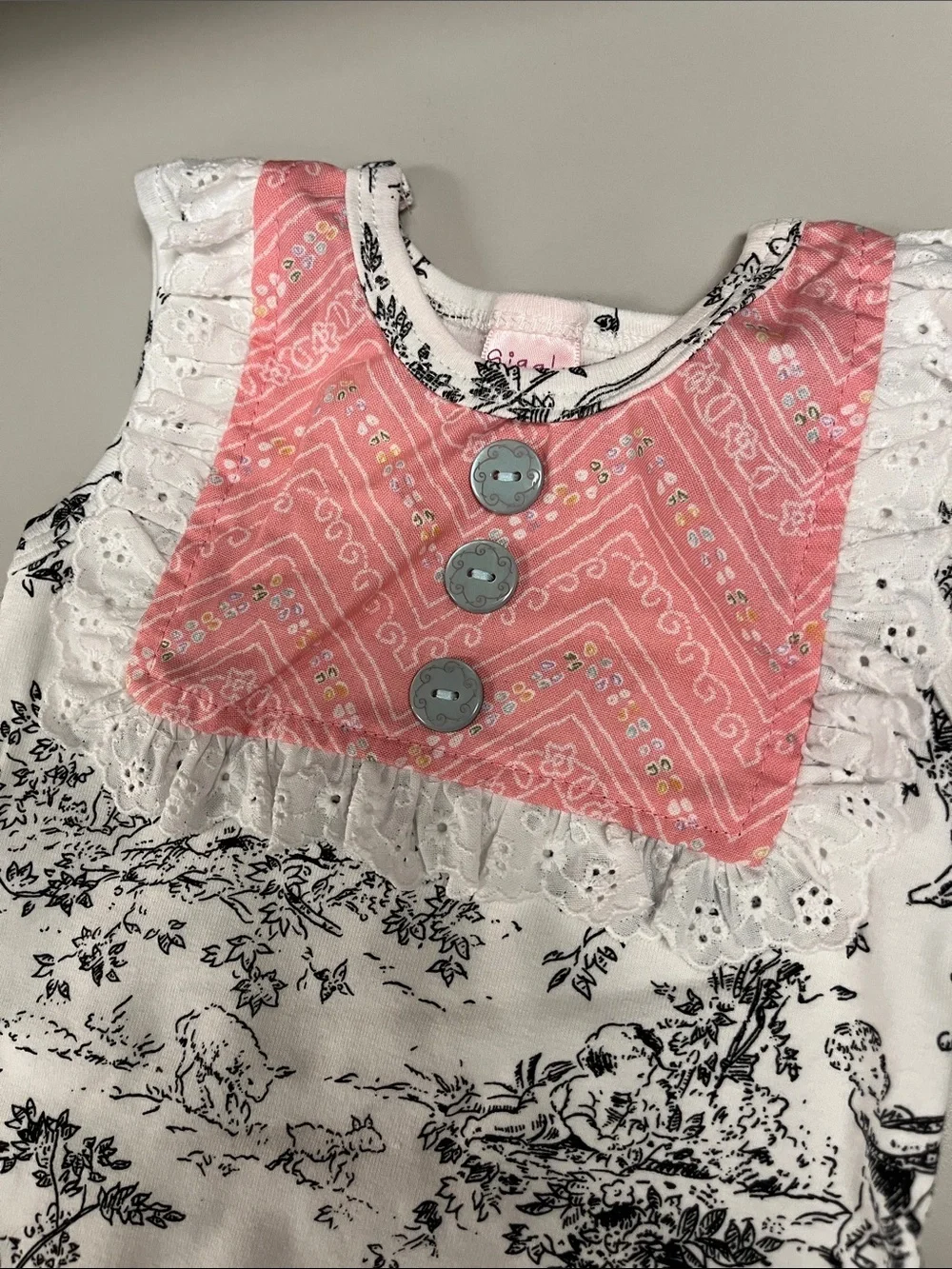 Giggle Moon White Black Toile Romper with Pink Yoke
